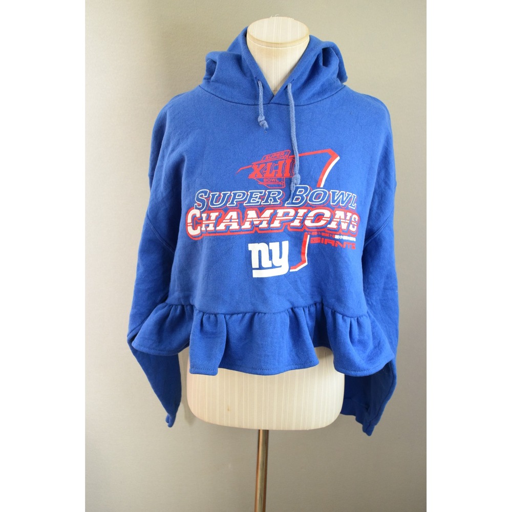 NY Giants Super Bowl Champions Ruffle Crop Hoodie Sweatshirt Blue NFL